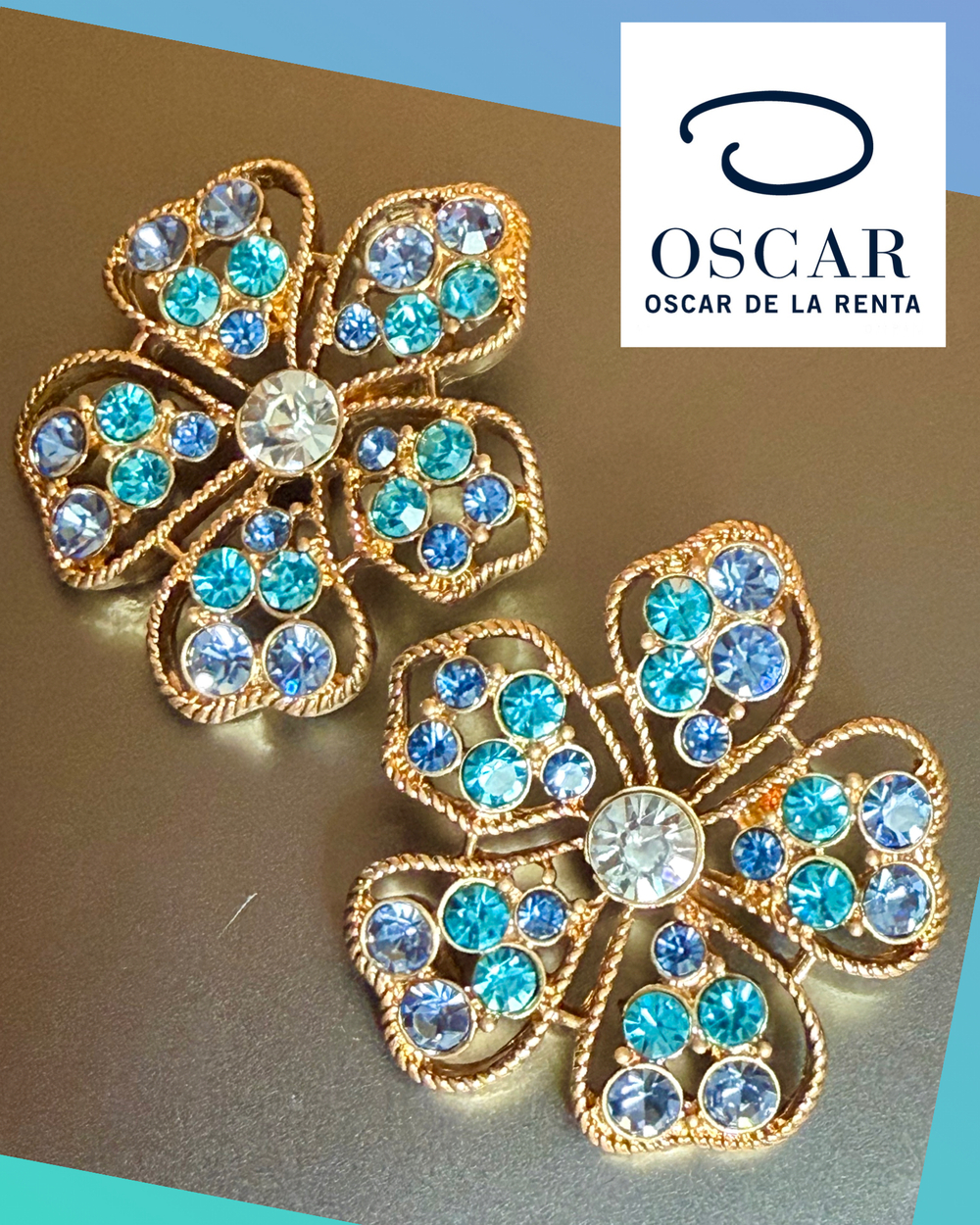 Oscar de la Renta Crystal Flower Earrings ⭐️ Gold Filagree Petals Blue Shades